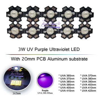 10tk 3W UV-Lilla LED Ultraviolett-Lambid, Lamp SMD 365nm 375nm 380nm 385nm 395nm 405nm 420nm koos 20mm PCB Alumiiniumist substraat