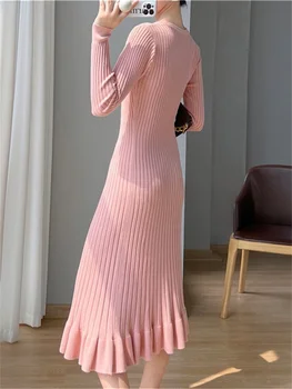 Kampsun Kleit Naiste Pikad Varrukad Kootud Fishtail Kleidid 2023 Kevadel Uus Mood Elegantne Kõver Õhuke Kleit Feminina LD800
