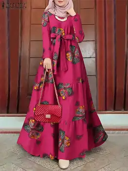 ZANZEA Elegantne Lilleline Moslemi Kleit Naistele, Trükitud Sundress seal kaftan Türgi Abaya Hijab Vestidos Vöö Naine Rüü Islam Riided