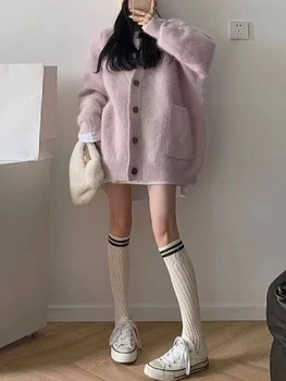 Roosa Vintage Kootud Kampsun Mantel Naiste Sügis-Korea Fashionknitted Kampsun Naiste Soojad Pikad Varrukad Tasku Vabaaja Jakk 2022