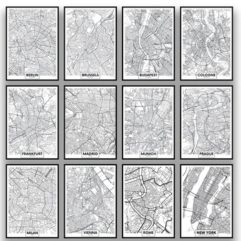 Maailma Linnad London, Pariis, Satelliit Must Ja Valge Kaart Plakat Kaasaegse Kodu Kunst Seinamaaling Elutoas Magamistuba Decor Lõuendile Maali