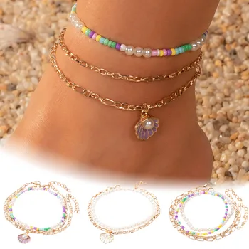 Mood Mitmekihilised Crystal Pearl Anklets Komplekt Naistele, Värviline Kivi Kest Kett Anklet Beach Suu Käevõru Ehted