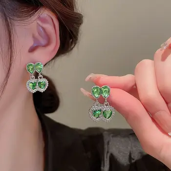 Korea Vintage Roheline Kristall Tolknema Kõrvarõngad, Elegantne Rhinestone Naine Trend Topelt Südame Kõrvarõngad Uued Ehted